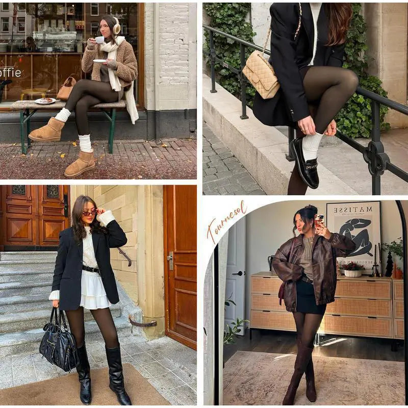 NEW COMPRESSION BAND AND SINGLE SEAM OPTION! THE ORIGINAL LEGGINGS WITH MAGIC FLEECE LINING - 4 COLORS - CLOSED FOOT - Fleece tights available in skin tones from light to brown.